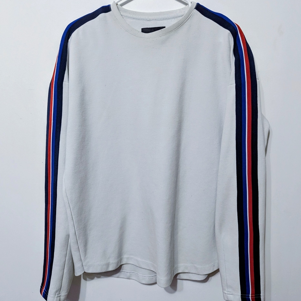 White Crewneck Sweater with Striped Sleeves - Picture 2 of 4